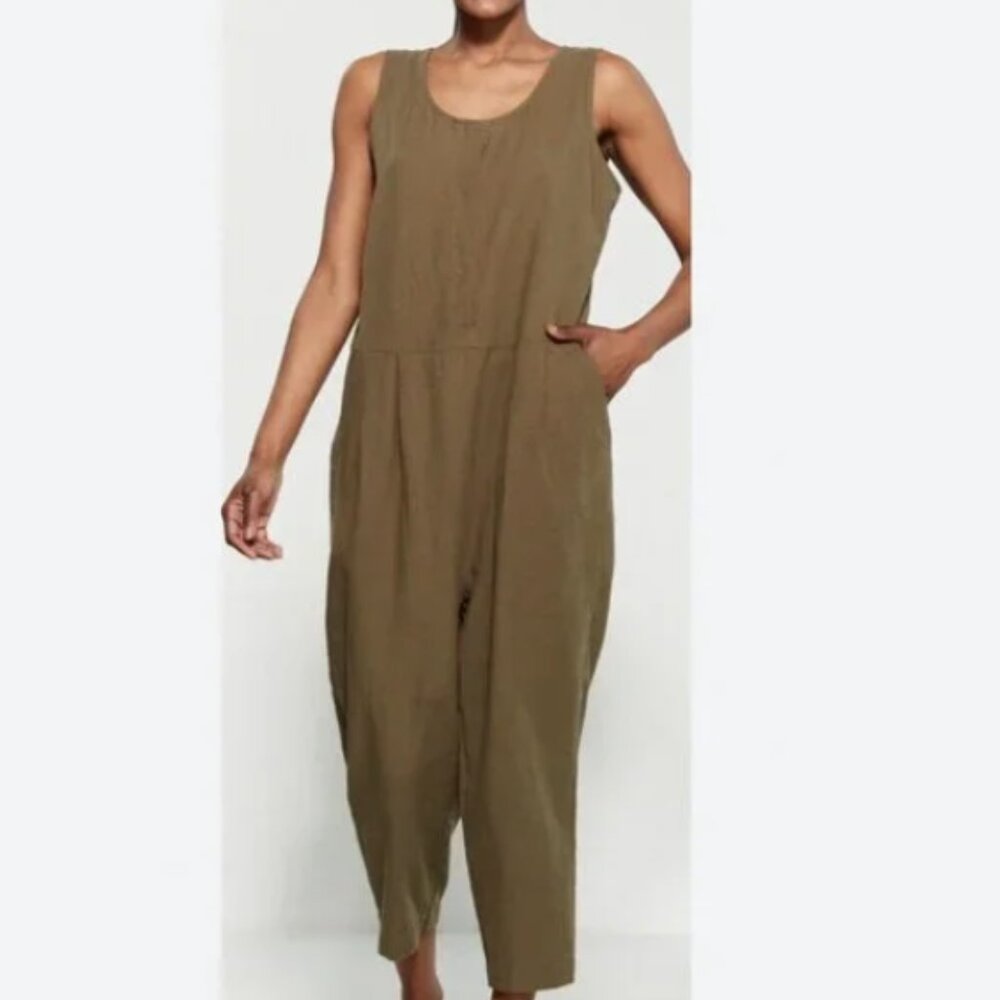 Eileen Fisher Cotton Crepe Sleeveless Jumpsuit Olive Size L